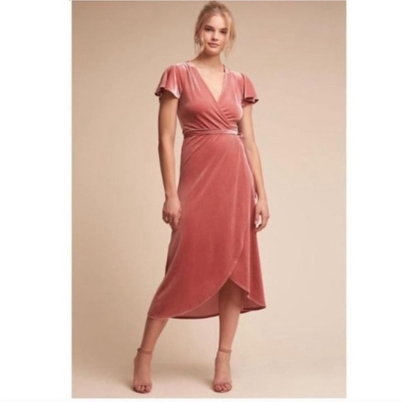 BHLDN by ANTHROPOLOGIE Dusty Rose Pink Velvet Thrive Wrap Midi Dress - Picture 1 of 16